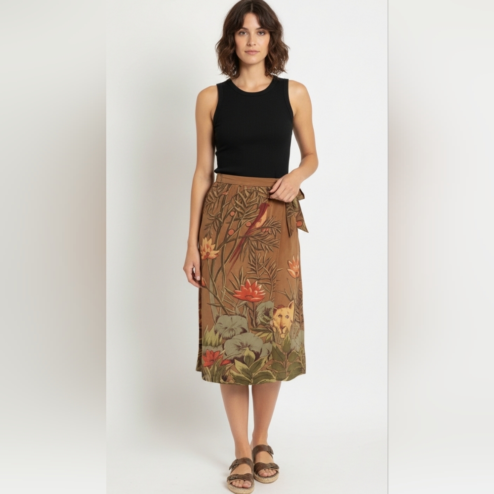 VTG Carole Little Saint-Tropez West Silk Wrap Skirt 8 Jungle Animal Floral 90s